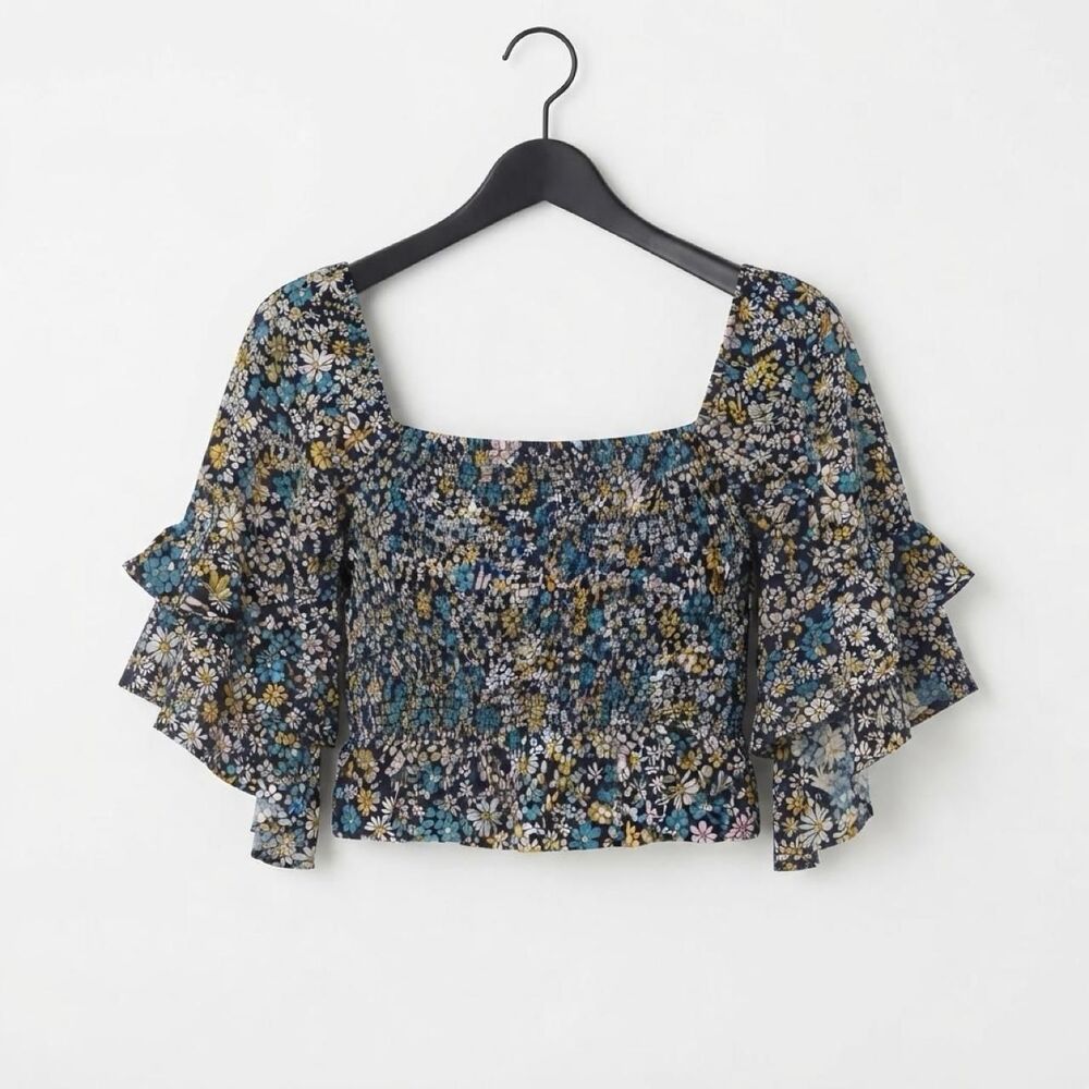 Patrons of Peace Retro Hippie Cottagecore Floral Smocked Crop Top Blouse Small